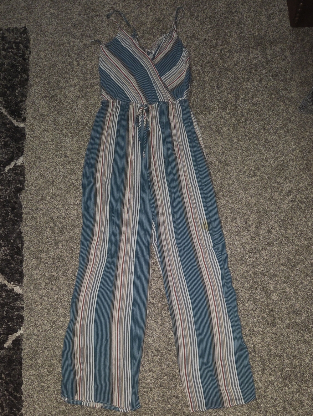 Blue & Cream Striped Wrap-Front Wide-Leg Jumpsuit